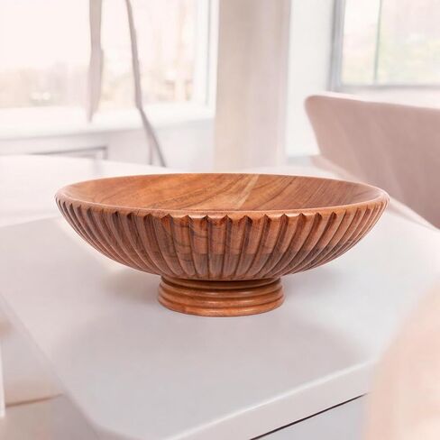 Wooden Fruits Bowl Acacia Wood Bowl Adds Rustic Charm to Kitchen Counters or Serves as a Decorative Pedestal Bowl for Table Centerpieces (11.75"x11.75"x4.25" Inches) Natural and Rustic Design. in Saudi Arabia