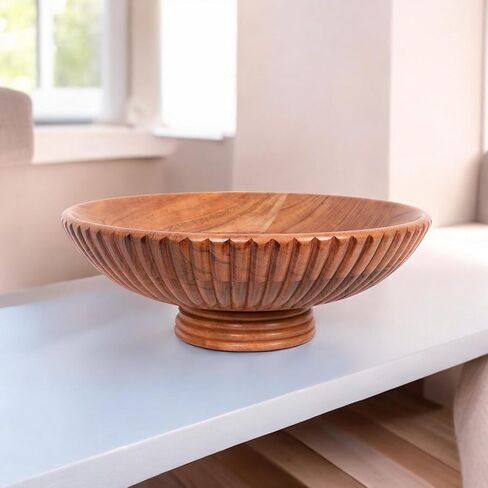 Wooden Fruits Bowl Acacia Wood Bowl Adds Rustic Charm to Kitchen Counters or Serves as a Decorative Pedestal Bowl for Table Centerpieces (11.75"x11.75"x4.25" Inches) Natural and Rustic Design. in Saudi Arabia