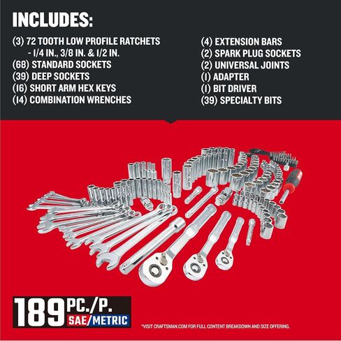 CRAFTSMAN Mechanics Tool Set, 1/4 and 3/8 Inch Drive, 189 Piece (CMMT12134) in Saudi Arabia