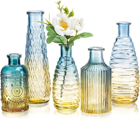 Glasseam Vintage Green Glass Vase: Boho Flower Vase Set of 5 Decorative Small Vases for Flowers Decor Colored Anique Bud Vases for Centerpieces Living Room Wedding Dining Table Decorations in Saudi Arabia