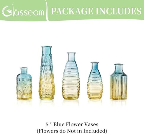 Glasseam Vintage Green Glass Vase: Boho Flower Vase Set of 5 Decorative Small Vases for Flowers Decor Colored Anique Bud Vases for Centerpieces Living Room Wedding Dining Table Decorations in Saudi Arabia