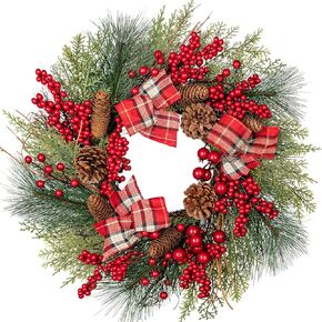 20 inch Christmas Wreath, Christmas Wreath for Front Door Christmas Door Wreaths with Red Berries Pine Cones Cedar Pine Needles Bow Ties Aritificial Wreath for Christmas Indoor Outdoor Decorations