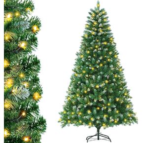 7.5FT Pre-lit Artificial Christmas Tree, Spruce Snow Flocked Christmas Tree with 380 LED Lights,8 Functional Warm White for Home, Party Decoration， Gift for Christmas Tree Storage Box