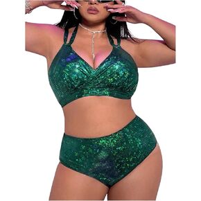 MakeMeChic Women's Plus Size Two Piece Halter Swimsuit Sequin Sparkly Wrap High Waisted Bikini Sets