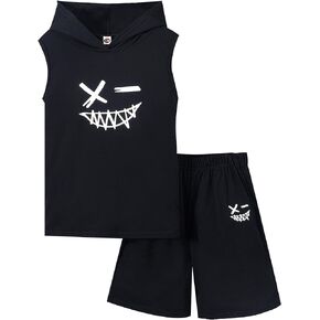Little Boys 2PCS Hooded Sleevless Tank Top and Drawstring Elastic High Waist Shorts Sport Clothing Sets
