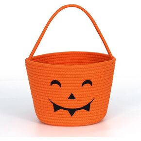 Halloween Candy Bucket, 6 x 6 Inch Portable Trick-or-Treat Basket, Cotton Rope Woven Smiley Basket, Orange