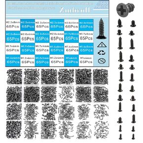 1560Pcs Black Flat Head Self Tapping Screws M1/1.2/1.4/1.7/2/2.3 Mini Cross Drive Countersunk Tiny Screw Woodworking Small Fastener Screws 24 Size Assortment Kit for Electronic DIY