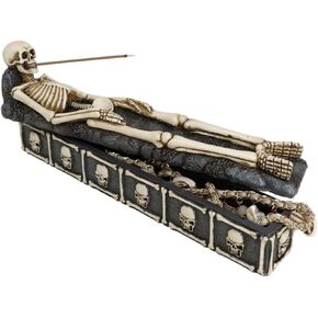 Ebros Gift Ossuary Macabre Bone Chilling Skeleton Rest in Peace Tombstone Graveyard Incense Stick Holder Burner and Storage Box Figurine Scary Halloween Decorations Gothic Home Decor