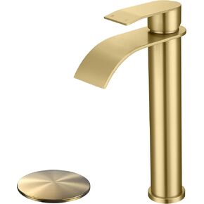 Brushed Gold Waterfall Bathroom Faucet Single Hole, Gold Bathroom Faucet for Sink 1 Hole with 6 in Deck Plate and Pop Up Drain and Supply Hose, Modern Bathroom Sink Faucet