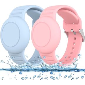 2 Pack Kids Wristband Waterproof Airtag Bracelets for Kids, Soft Silicone Hidden Air tag Wristband Lightweight GPS Tracker Holder Compatible with Apple Airtags Band for Child, Pink+Light Blue