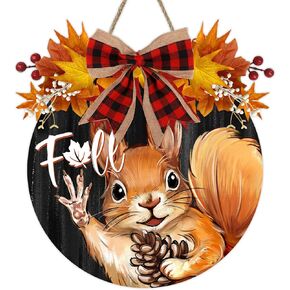 Deroro Fall Squirrel Front Door Sign, Autumn Pine Cone Wood Door Hanger Outdoor Outside Porch Decor, Wooden Wreath with Plaid Bow Maple Leaves Indoor Wall Hanging Decoration