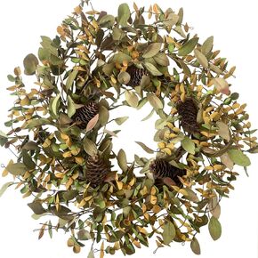 Pinecone Green Leaf Wreath with Pine Cones and Eucalyptus Leaves, Harvest Wreath for Front Door Farmhouse Indoor Festival Home Thanksgiving Decor,20 Inch