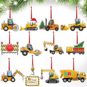 12 Pcs Christmas Construction Truck Vintage Excavator Christmas Ornament Excavator Decorations Wooden Christmas Ornaments Decorative Hanging Ornaments for Christmas Tree