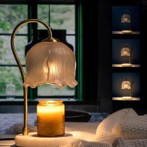 Dimmable Flower Candle Warmer Lamp with Timer, Vintage Candle Lamp Warmer with 3 Bulb, Dimmable Wax Melt Warmer Gifts for Women with Marble Base and Adjustable Brightness, Romantic Vintage Style