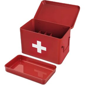 Plexon First Aid Supplies Bin, 8.5" Metal Medicine Storage Tin, First Aid Box Organizer, Red First Aid Kit