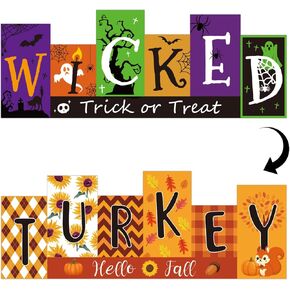 Halloween Decorations Wooden Table Sign Thanksgiving Decor, Autumn WICKED Trick or Treat Reversible Double-sided Pattern Tabletop Centerpiece Turkey for Farmhouse Desk Tiered Tray Party shelf Decor