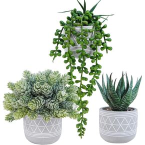 Winlyn Set of 3 Mini Faux Succulent Potted Plants Artificial Aloe Hops String of Pearls Fake Succulents in Gray Geometric Concrete Pots for Home Office Table Shelf Kitchen Living Room Boho Décor