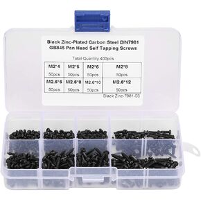 400Pcs M2 M2.6 Phillips Truss Head Self Tapping Screws, Black Cross Pan Head Set Assortment Kit with Storage Box