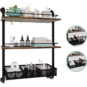3 Tier Industrial Pipe Shelving, 24Inch Bathroom Shelves with Adjustable Baskets, Industrial Shelving for Wall, Wall Shelves Unit and Home Decor, Wood Rustic Wall Shelves