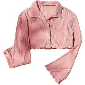 Women's Long Sleeve Button Down Shirts Casual Collar Crop Blouses Dressy Lettuce Trim Blouse Tops in Kuwait