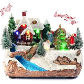 Christmas Village Houses with Rotating Xmas Tree, Lighted Christmas House with Music for Xmas Lighted Ornaments with Figurines & Christmas Tree-6.5''×4.5''×5.5'' (Large)