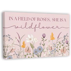 Nursery Wall Art Décor For Baby Girl Room - Pink Framed Canvas 16.5 x 10 - Toddler, Children's Floral Boho Bedroom Wall Décor