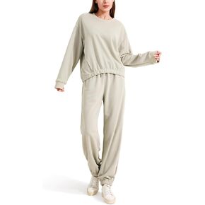 EYZH النساء 2 قطعة وتتسابق طويلة الأكمام البلوز بلوزات الرباط بانت عداء ببطء مجموعة عارضة Sweatsuits رياضية جيوب
