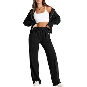 Herseas Long Sleeve Sweatsuits 2 Piece Black Tracksuits Set Plus Size 2024 Sports Outfit Zip Hoodie Sweatpants Jogging Lounge Airport Outfit Set Large 12 14
