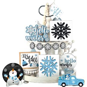 15 Pcs Winter Tiered Tray Decor Winter Snowman and Snowflakes Wooden Signs Farmhouse Winter Tiered Tray Decorations Set Snowmen Wooden Sign Tabletop for Winter Holiday Table Home Shelf