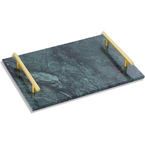 Marble Tray, Green Marble Tray with Golden Handle, Rectangular Decorative Tray, Stone Tray for Counter, Vanity, Dresser, Nightstand and Desk
