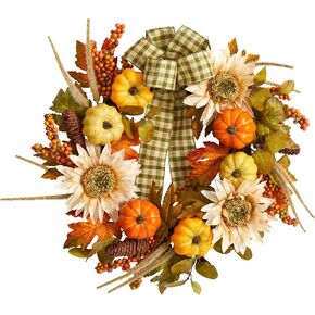 Nearly Natural 24in. Fall Pumpkin, Sunflower Artificial Autumn Wreath with Decorative Ribbon