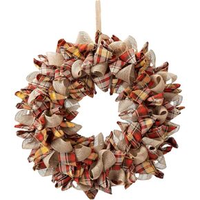 Glitzhome 18.5" D Fall Fabric Plaid Wreath, Artificial Wreaths Rustic Hanging Ornaments for Fall Front Door Wall Decor