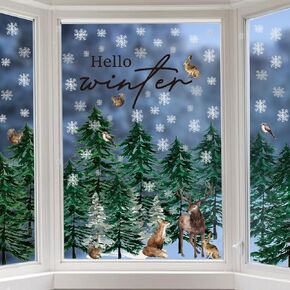 Horaldaily 35 PCS Christmas Window Cling Sticker, Green Xmas Trees Deer Squirrel Rabbit for Home Party Supplies Shop Window Glass Display Decoration