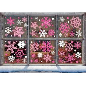 Whaline 9 Sheet Winter Window Clings Christmas Glitter Pink White Snowflake Reusable Window Decals for Xmas Party Home Glass Decor