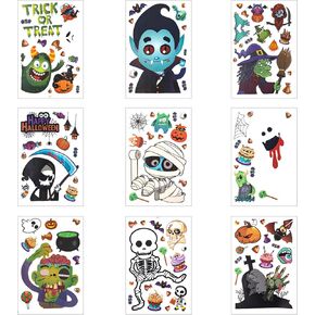 9 Sheets Halloween Window Decorations Sticker, 115 Cartoon Patterns Halloween Window Cling Sticker Witch Skeleton Ghost Bat Pumpkin Halloween Window Clings Decals for Window Door Home Party