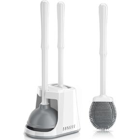 Toilet Plunger and Brush, Silicone Brush and Heavy Duty Toilet Plunger Set with Ventilated Holder, 2-in-1 Toilet Brush and Plunger Combo for Bathroom Cleaning-NEW PACK (White)