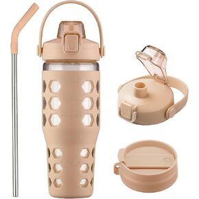 MUKOKO 32 oz Glass Tumbler with Straw,Glass Water Bottles with Time Marker,Iced Coffee Cup with 2 Lids-Handle Spout Lid&Straw Lid,Silicone Sleeve,Leakproof,1 Pack-Olive