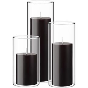 Shihanee Set of 3 Ivory White Pillar Candles and 3 Glass Cylinder Candle Holders for Slim Candles Wedding Halloween Thanksgiving Day Christmas Centerpieces, 2.6'' x 4.7'', 5.9'', 7.9''