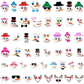 51 Pcs Christmas Face Vinyl Stickers Snowman Face Decals and Reindeer Face Decals for Ornaments Window Refrigerator Wall Door Christmas Decorations