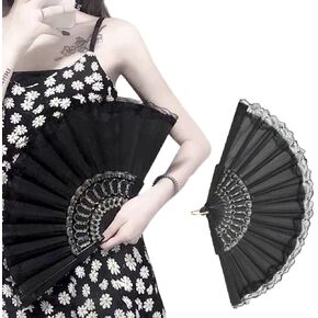 ASVNRES Lolita Vintage Black Hand Fan, Halloween Retro Handheld Folding Lace Fans for Women Foldable Halloween Cosplay Costume Dancing Show Tea Party Wedding Photo Props