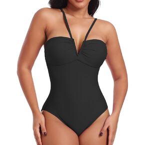 bslingerie Women's V Neck Monokini Swimsuits, One-Piece Lace Up Back Bathing Suit