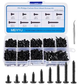 M3 Wood Screws Assortment Kit, Black Phillips Self-tapping Wood Screws, Small Carbon Steel Pan head Hardened Screws for Plastic Wood