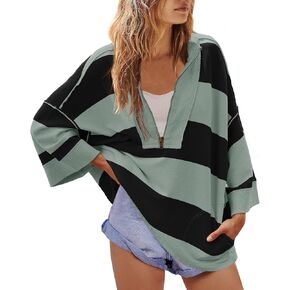 Yanekop Womens Oversized Striped Shirt Half Zip Sweatshirt Color Block V Neck Top Casual Loose Pullover Y2k