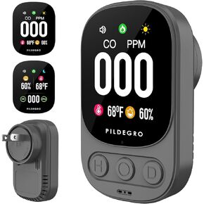 3-in-1 Carbon Monoxide Detector Plug in, Professional Plug-and-Play Portable Carbon Monoxide Detector with Temp & RH, Premium Real-Time CO Monitor Loud Alarm for Air Safety (Grey/Timeless)