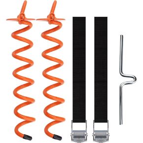 Ground Anchor Spiral Kit, Heavy Duty Screw in Earth Anchors with Crow Bar, for Trampoline, Garden Shed, Swings, 2 Trampoline Ground Anchor Set with Adjustable Strap