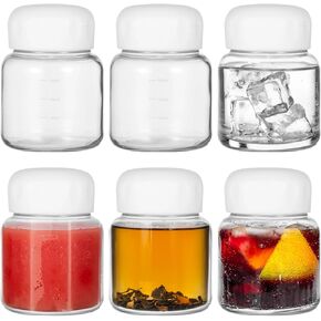 6 Pcs Glass Water Bottles, 10oz Clear Glass Water Bottles, Small Leakproof Juice Bottles with Scales, Cute Drinking Jars for Milk, Tea, Beverages, Serve Hot and Cold Drinks