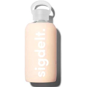 Sorority Shop Sigma Delta Tau Glass Water Bottle with Silicone Sleeve - 16 Oz Glass Water Bottle, Reusable Glass Water or Juice Bottle with Cap