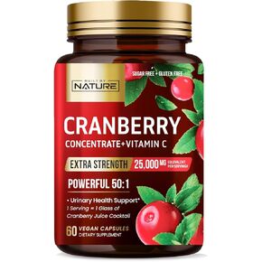Built by Nature Cranberry Pills 25,000mg - Extra Strength 50:1 Concentrate Extract with Vitamin C - Urinary Tract Health Supplement for Women - Non-GMO, Sugar Free, Vegan - 60 Capsules