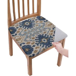 DecorLovee Boho Blue Brown Seat Covers for Dining Room Chairs Covers, Office Chair Seat Cover, Ethnic Modern Geometric Abstract Art Chair Slipcovers Stretch Cushion Protector for Kitchen Set of 2