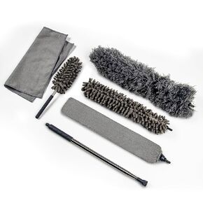OVENTE Microfiber Feather Duster, Chenille Duster and Microfiber Cloth with Stainless Steel Long Extension Pole, Washable and Reusable Cleaning Set for High Ceiling, Blinds & Furniture, Grey CTD1526GY